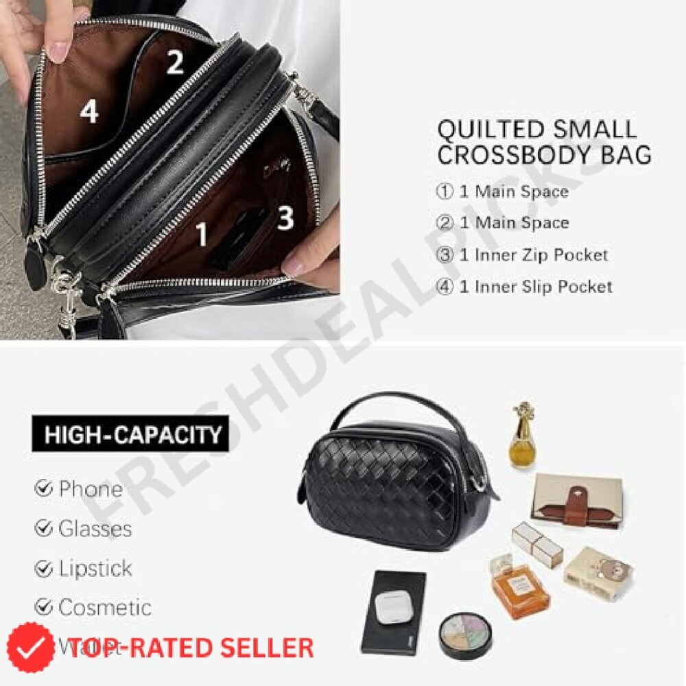 Woven Crossbody Bag Soft Leather-Feel Camera Purse Top Handle Adjustable Strap - Picture 5 of 8